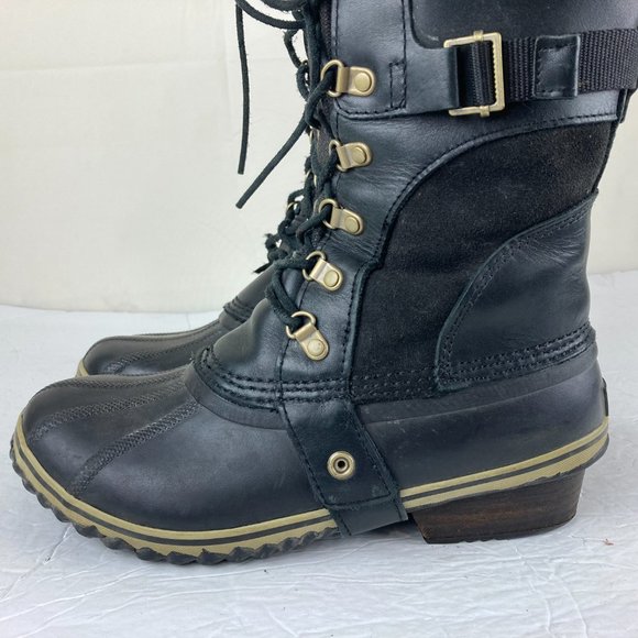 Sorel Conquest Carly Womens Sz 9.5 Leather Lace Up Winter Boots Black - Picture 3 of 15
